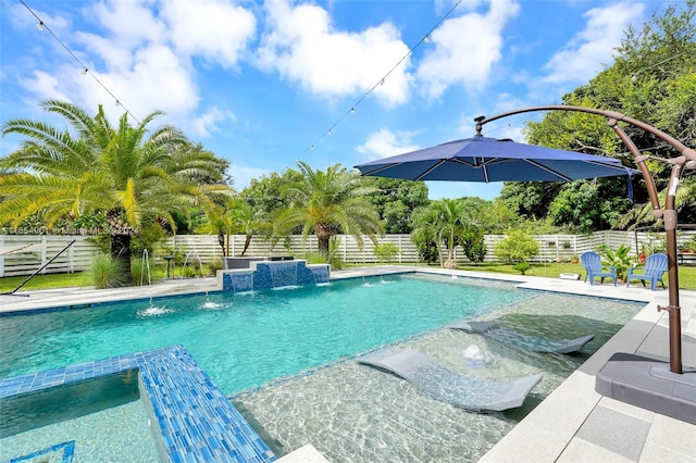 view of swimming pool featuring pool water feature