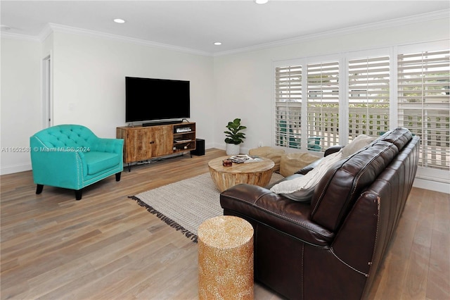 living room with light hardwood / wood-style floors and crown molding