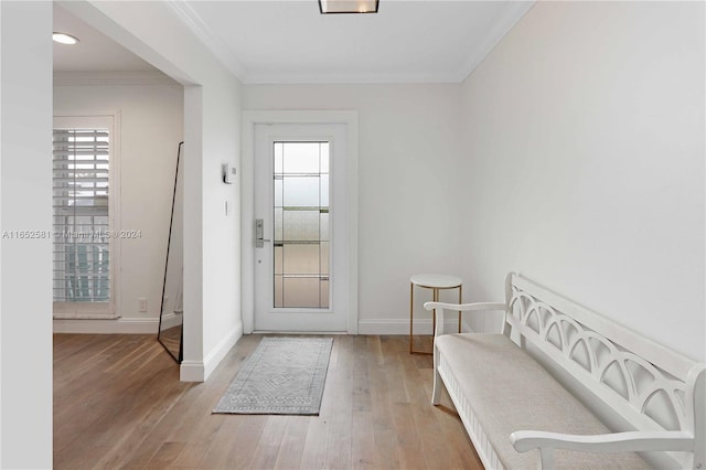 entryway featuring light hardwood / wood-style floors, ornamental molding, and a wealth of natural light