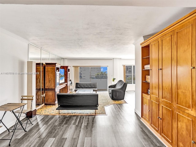 living room with crown molding, dark wood-type flooring, and a textured ceiling