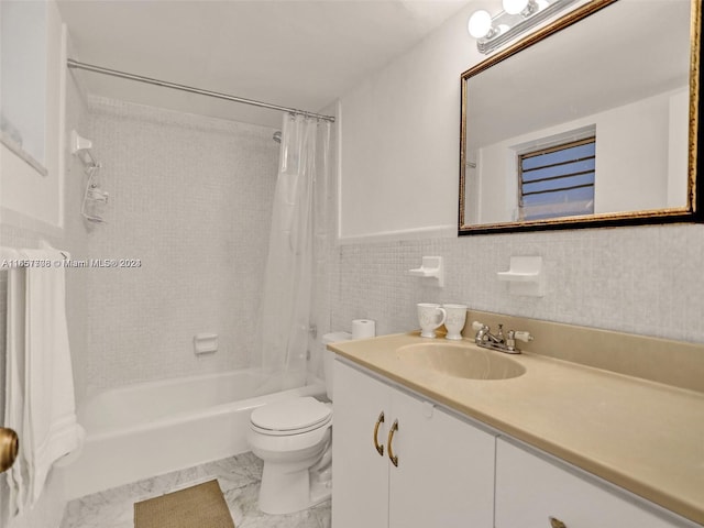 full bathroom with vanity, toilet, shower / bath combination with curtain, and tile walls