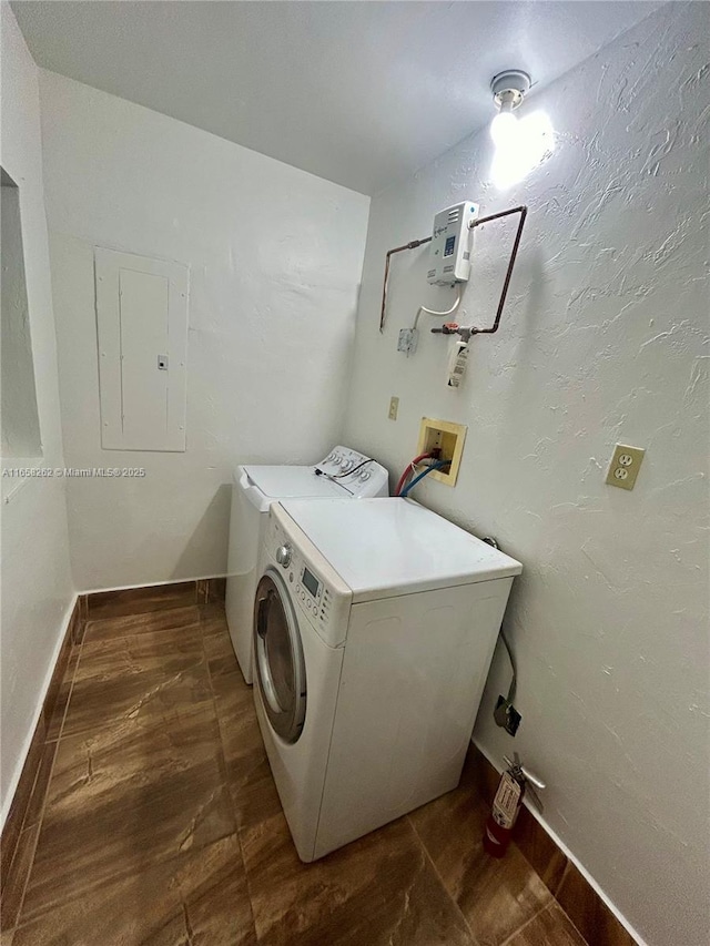 laundry area with electric panel and washer and clothes dryer