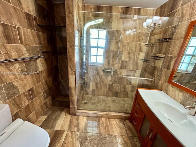 bathroom featuring toilet, vanity, and walk in shower