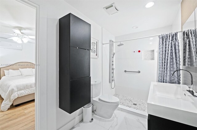 3551 E Glencoe St, Miami, FL 33133 - full bathroom featuring a shower with shower curtain, vanity, ceiling fan, connected bathroom, and recessed lighting