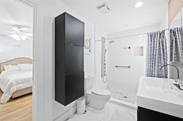 ensuite bathroom featuring a shower with shower curtain, toilet, visible vents, and connected bathroom