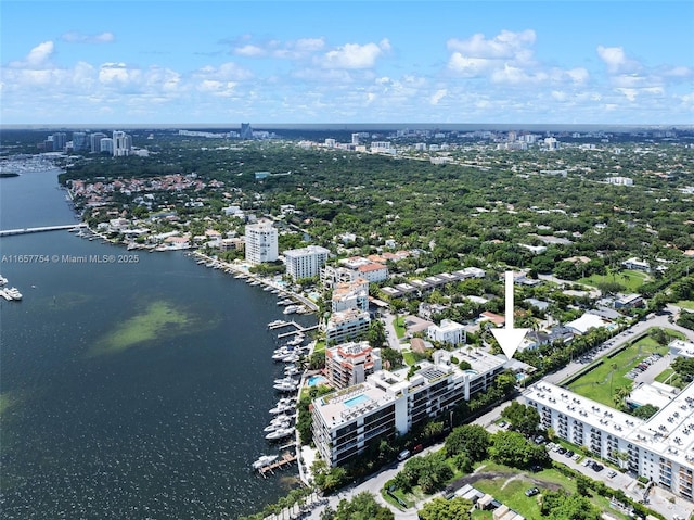 aerial view with a city view and a water view