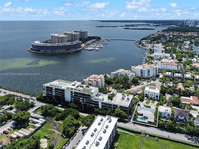 bird's eye view with a city view and a water view