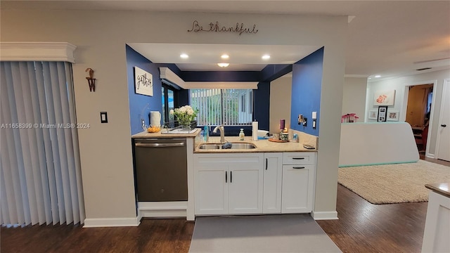 kitchen with dishwasher, dark wood-type flooring, sink, and white cabinets