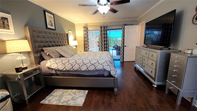 bedroom with dark wood-type flooring, ceiling fan, and crown molding