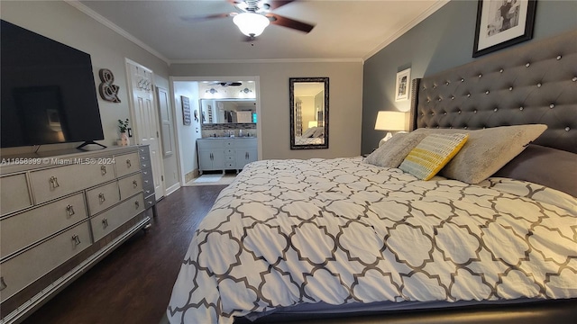 bedroom featuring crown molding, ensuite bath, ceiling fan, and dark hardwood / wood-style flooring