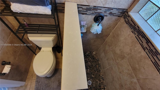 bathroom featuring tile walls and toilet