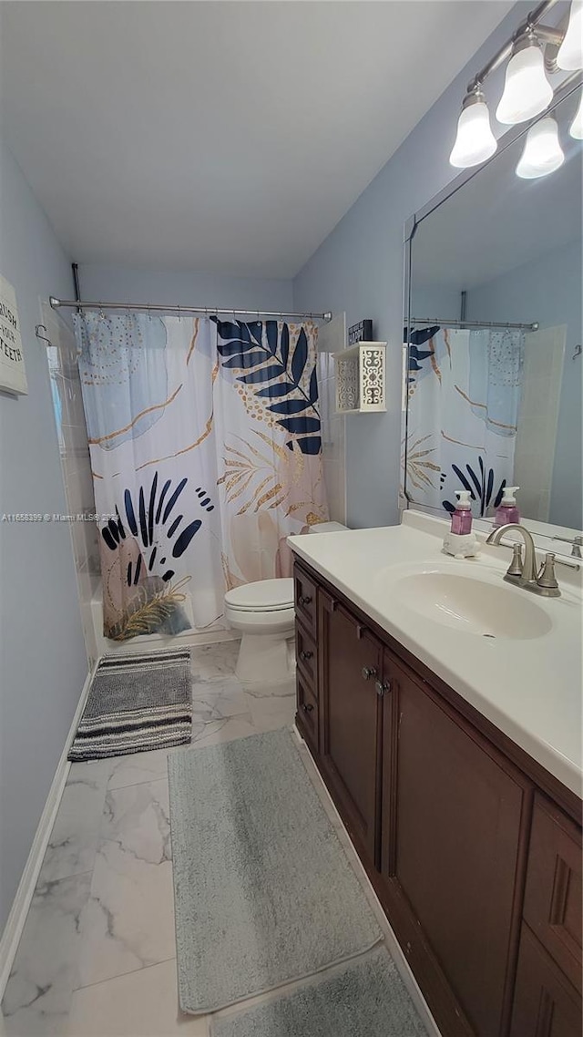 full bathroom featuring shower / bath combination with curtain, toilet, and vanity