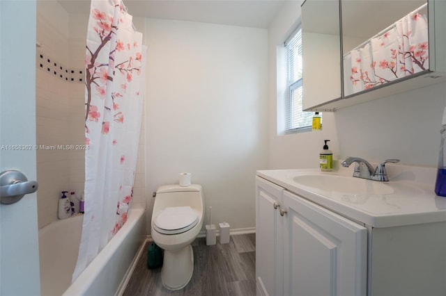 full bathroom featuring shower / tub combo, vanity, toilet, and wood-type flooring