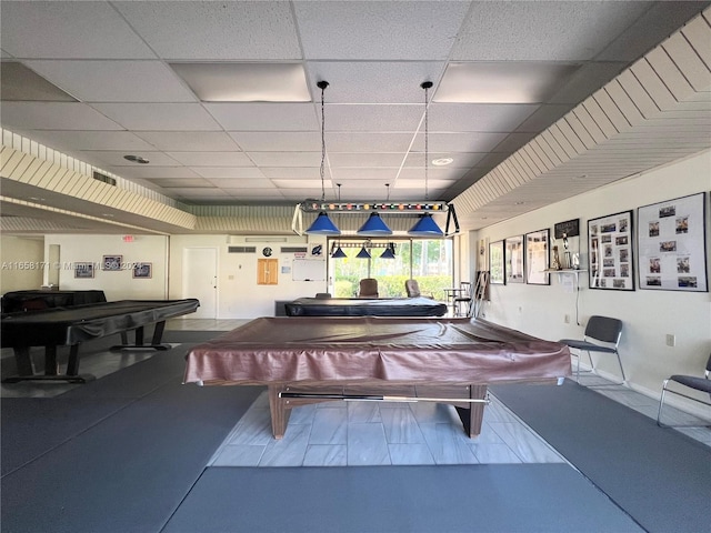 playroom with billiards and a drop ceiling