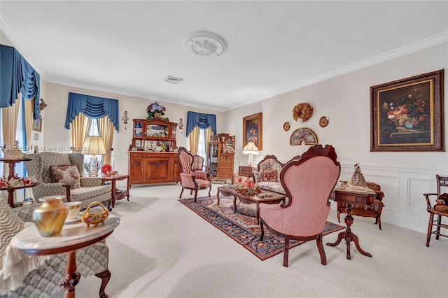 living room featuring a wealth of natural light, crown molding, and light carpet