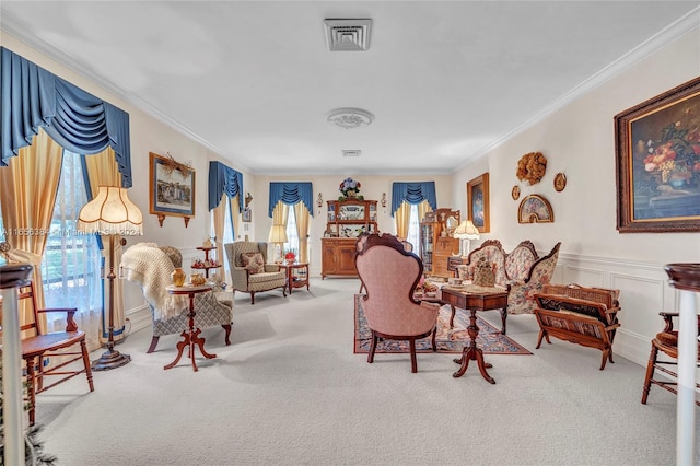 living room featuring light colored carpet and ornamental molding