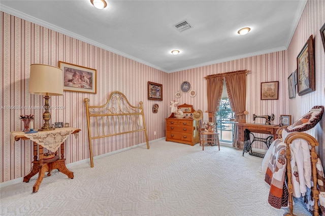 carpeted bedroom with crown molding