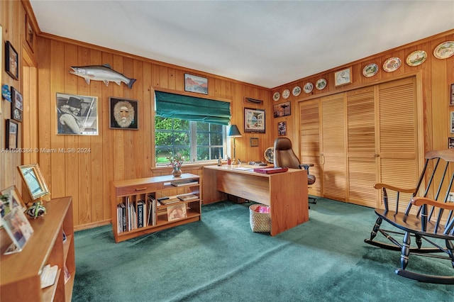 office featuring dark carpet and wood walls