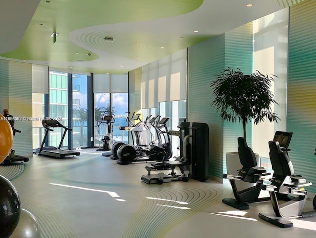 workout area with a wall of windows