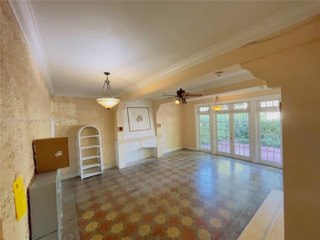 unfurnished living room featuring french doors, ceiling fan, and ornamental molding