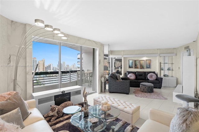 living room with light tile patterned floors