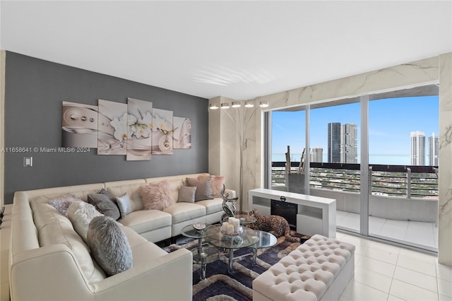 living room with light tile patterned floors