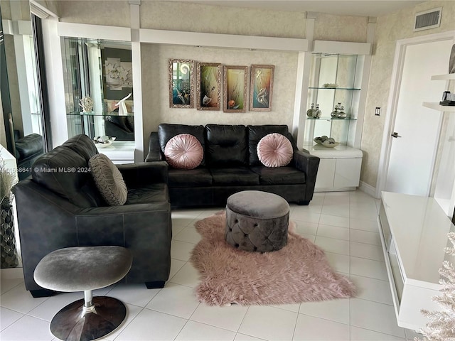 living room featuring light tile patterned flooring