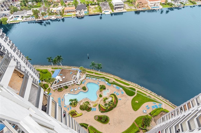 birds eye view of property featuring a water view