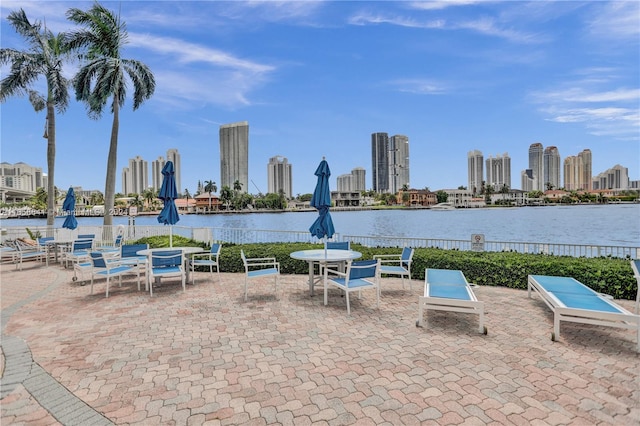 view of patio / terrace with a water view