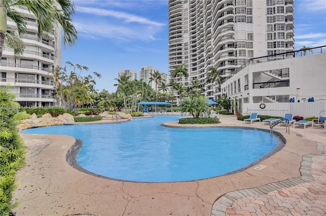 view of swimming pool featuring a patio