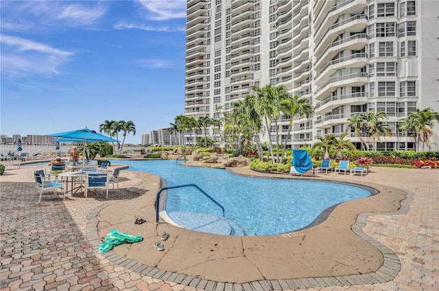 view of swimming pool featuring a patio