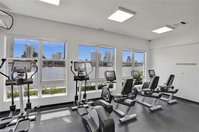 gym with a water view