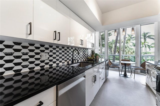 kitchen with white cabinets, dishwasher, tasteful backsplash, and sink