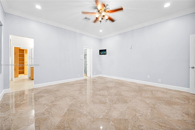 spare room with a ceiling fan, visible vents, recessed lighting, and marble finish floor
