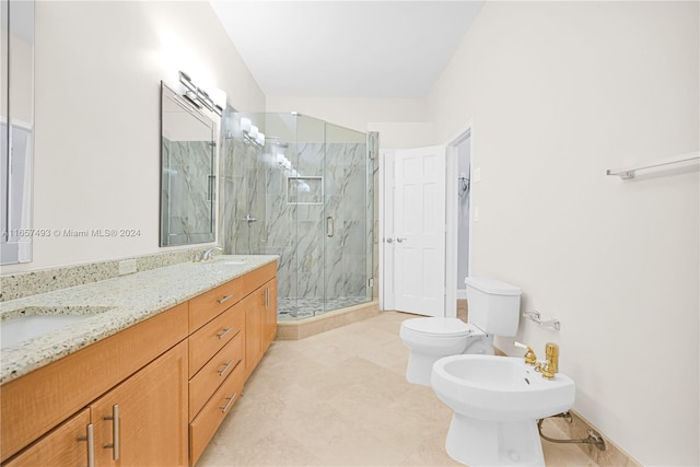 bathroom with a bidet, a shower with shower door, toilet, and vanity