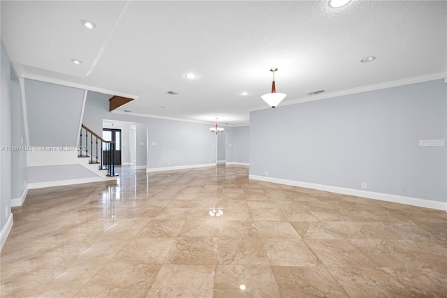 spare room featuring visible vents, baseboards, recessed lighting, stairway, and crown molding