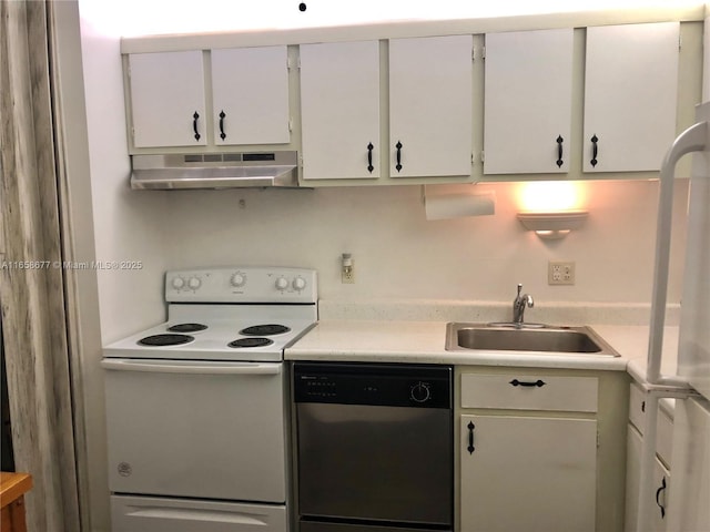 kitchen with electric range, dishwasher, white cabinets, and sink