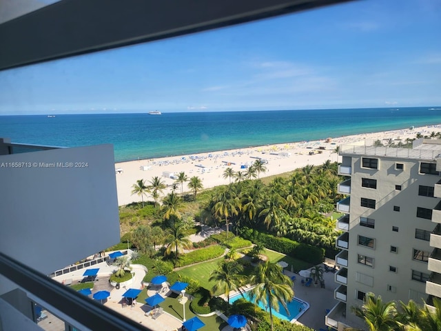 view of water feature with a beach view