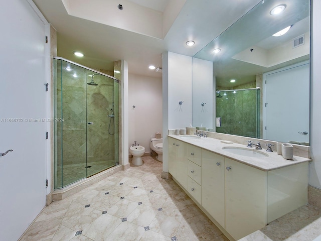 bathroom with a bidet, toilet, walk in shower, and vanity