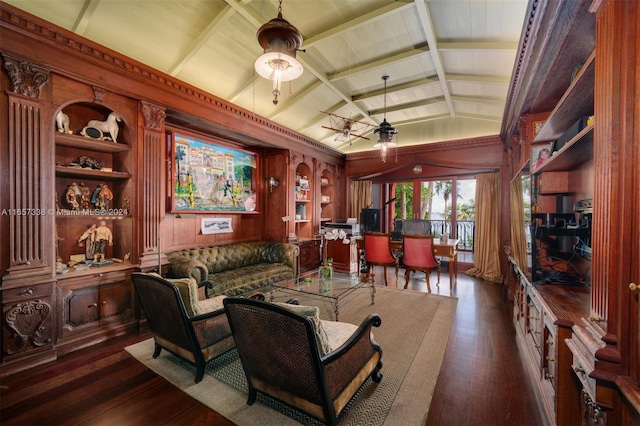 living room featuring dark wood-type flooring, ceiling fan, wood walls, and vaulted ceiling