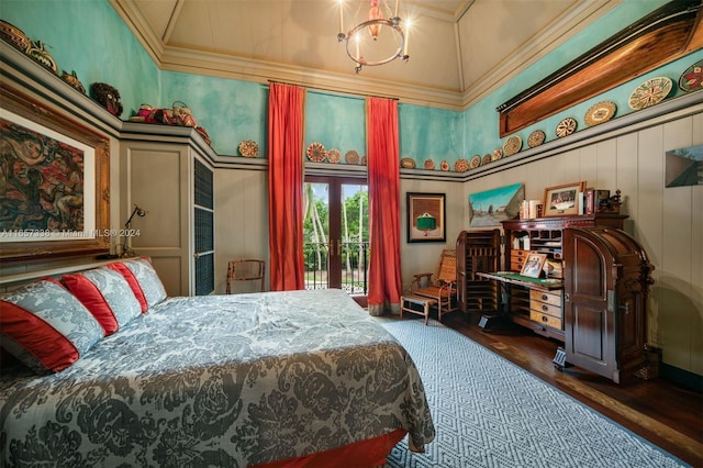 bedroom featuring high vaulted ceiling, crown molding, a chandelier, access to outside, and dark hardwood / wood-style flooring