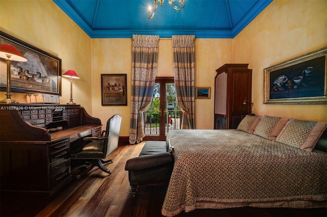 bedroom with ornamental molding, high vaulted ceiling, hardwood / wood-style floors, and access to outside