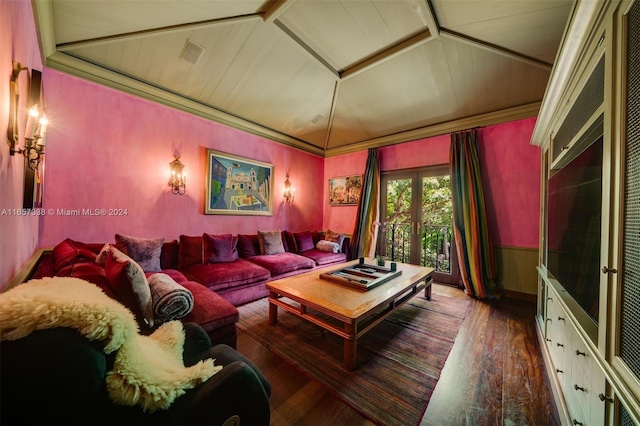 living room featuring lofted ceiling, french doors, ornamental molding, and dark hardwood / wood-style flooring