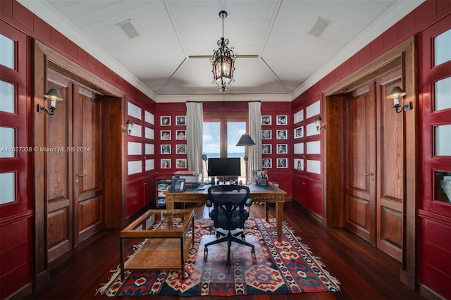 office space with crown molding and dark wood-type flooring