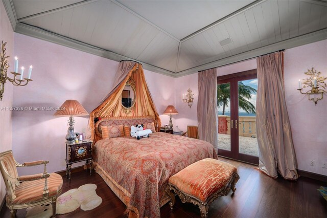 bedroom with hardwood / wood-style flooring, ornamental molding, access to exterior, and french doors