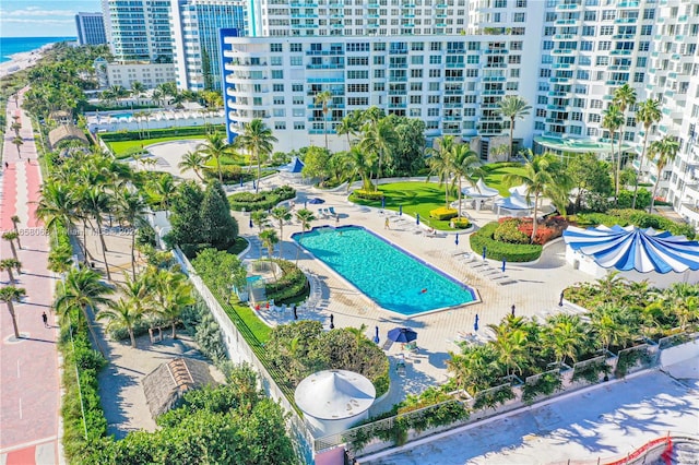 view of swimming pool featuring a patio area