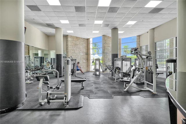 workout area featuring a healthy amount of sunlight, a paneled ceiling, and floor to ceiling windows