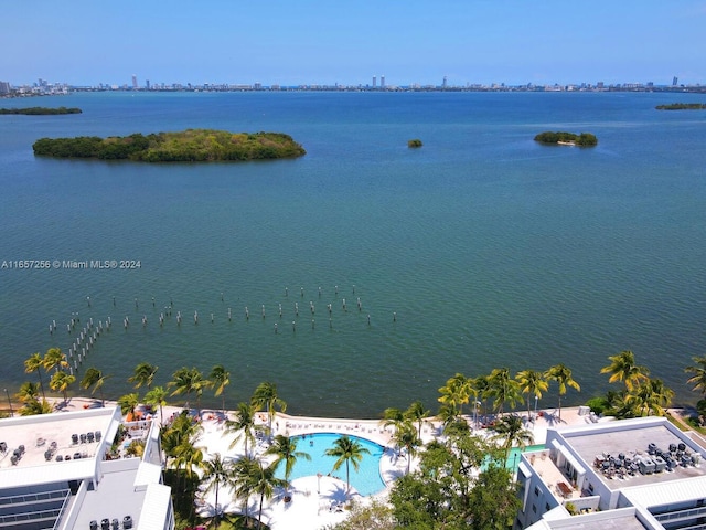 aerial view featuring a water view