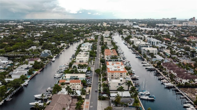 bird's eye view with a water view