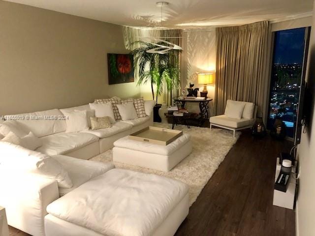 living room featuring dark wood-type flooring